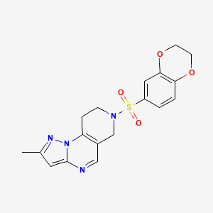 molecular formula C18H18N4O4S B2598544 7-((2,3-Dihydrobenzo[b][1,4]dioxin-6-yl)sulfonyl)-2-methyl-6,7,8,9-tetrahydropyrazolo[1,5-a]pyrido[3,4-e]pyrimidine CAS No. 1795480-86-2