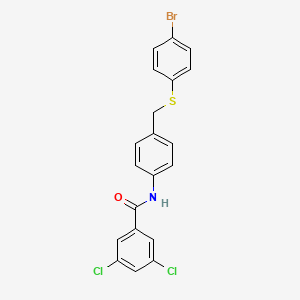 molecular formula C20H14BrCl2NOS B2598554 N-(4-{[(4-bromophenyl)sulfanyl]methyl}phenyl)-3,5-dichlorobenzenecarboxamide CAS No. 321431-77-0