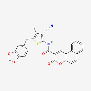 molecular formula C28H18N2O5S B2598581 N-[5-(1,3-benzodioxol-5-ylmethyl)-3-cyano-4-methylthiophen-2-yl]-3-oxobenzo[f]chromene-2-carboxamide CAS No. 476368-06-6