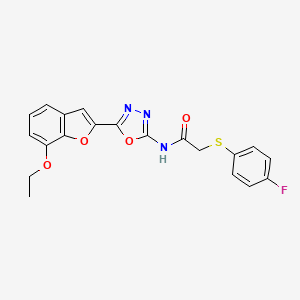 molecular formula C20H16FN3O4S B2598591 N-(5-(7-ethoxybenzofuran-2-yl)-1,3,4-oxadiazol-2-yl)-2-((4-fluorophenyl)thio)acetamide CAS No. 922043-27-4