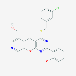 molecular formula C26H22ClN3O3S B2598690 (7-{[(3-Chlorophenyl)methyl]sulfanyl}-5-(2-methoxyphenyl)-14-methyl-2-oxa-4,6,13-triazatricyclo[8.4.0.0^{3,8}]tetradeca-1(10),3(8),4,6,11,13-hexaen-11-yl)methanol CAS No. 892418-84-7