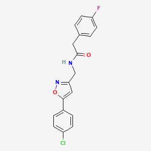 molecular formula C18H14ClFN2O2 B2598693 N-((5-(4-chlorophenyl)isoxazol-3-yl)methyl)-2-(4-fluorophenyl)acetamide CAS No. 946344-86-1