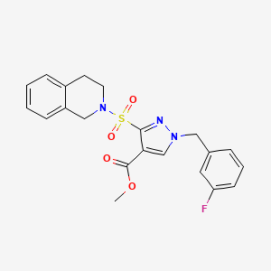molecular formula C21H20FN3O4S B2598699 methyl 3-((3,4-dihydroisoquinolin-2(1H)-yl)sulfonyl)-1-(3-fluorobenzyl)-1H-pyrazole-4-carboxylate CAS No. 1251630-21-3