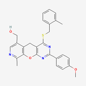 (2-(4-methoxyphenyl)-9-methyl-4-((2-methylbenzyl)thio)-5H-pyrido[4',3':5,6]pyrano[2,3-d]pyrimidin-6-yl)methanol