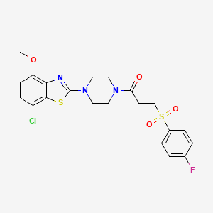 molecular formula C21H21ClFN3O4S2 B2598884 1-(4-(7-Chloro-4-methoxybenzo[d]thiazol-2-yl)piperazin-1-yl)-3-((4-fluorophenyl)sulfonyl)propan-1-one CAS No. 886956-06-5