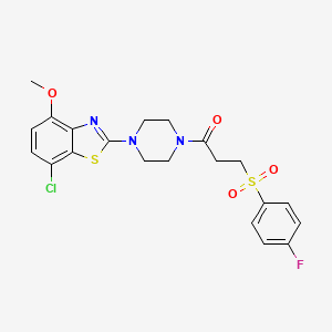 molecular formula C21H21ClFN3O4S2 B2598884 1-(4-(7-氯-4-甲氧基苯并[d]噻唑-2-基)哌嗪-1-基)-3-((4-氟苯基)磺酰基)丙-1-酮 CAS No. 886956-06-5