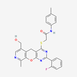 molecular formula C27H23FN4O3S B2598915 2-{[2-(2-fluorophenyl)-6-(hydroxymethyl)-9-methyl-5H-pyrido[4',3':5,6]pyrano[2,3-d]pyrimidin-4-yl]thio}-N-(4-methylphenyl)acetamide CAS No. 892386-02-6