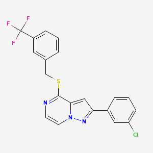 molecular formula C20H13ClF3N3S B2598927 2-(3-Chlorophenyl)-4-{[3-(trifluoromethyl)benzyl]thio}pyrazolo[1,5-a]pyrazine CAS No. 1223930-78-6