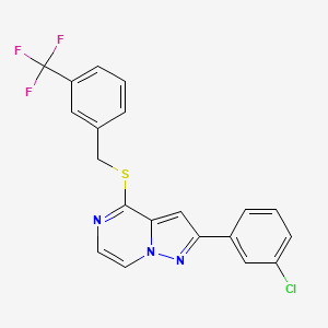 molecular formula C20H13ClF3N3S B2598927 2-(3-氯苯基)-4-{[3-(三氟甲基)苄基]硫代}吡唑并[1,5-a]哒嗪 CAS No. 1223930-78-6