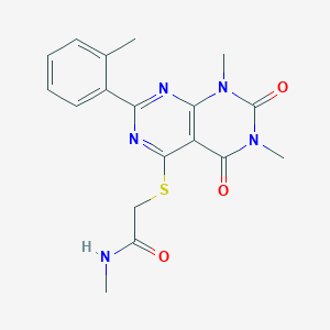 molecular formula C18H19N5O3S B2598939 2-[1,3-dimethyl-7-(2-methylphenyl)-2,4-dioxopyrimido[4,5-d]pyrimidin-5-yl]sulfanyl-N-methylacetamide CAS No. 893919-47-6