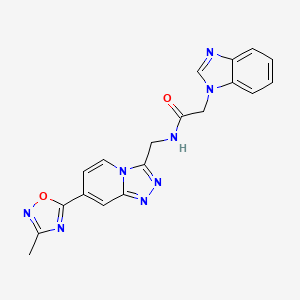 molecular formula C19H16N8O2 B2598995 2-(1H-benzo[d]imidazol-1-yl)-N-((7-(3-methyl-1,2,4-oxadiazol-5-yl)-[1,2,4]triazolo[4,3-a]pyridin-3-yl)methyl)acetamide CAS No. 2034530-29-3