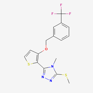 molecular formula C16H14F3N3OS2 B2599027 4-Methyl-3-methylsulfanyl-5-[3-[[3-(trifluoromethyl)phenyl]methoxy]thiophen-2-yl]-1,2,4-triazole CAS No. 343376-19-2