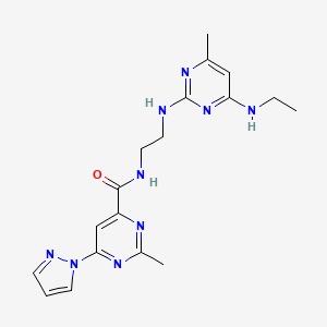 molecular formula C18H23N9O B2599054 N-(2-((4-(乙氨基)-6-甲基嘧啶-2-基)氨基)乙基)-2-甲基-6-(1H-吡唑-1-基)嘧啶-4-甲酰胺 CAS No. 1421509-64-9