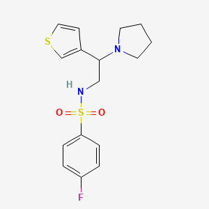 molecular formula C16H19FN2O2S2 B2599085 4-fluoro-N-(2-(pyrrolidin-1-yl)-2-(thiophen-3-yl)ethyl)benzenesulfonamide CAS No. 954702-28-4