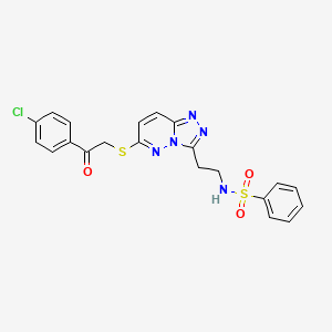 molecular formula C21H18ClN5O3S2 B2599101 N-[2-(6-{[2-(4-chlorophenyl)-2-oxoethyl]thio}[1,2,4]triazolo[4,3-b]pyridazin-3-yl)ethyl]benzenesulfonamide CAS No. 872997-58-5