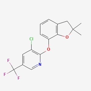molecular formula C16H13ClF3NO2 B2599149 3-Chloro-2-[(2,2-dimethyl-2,3-dihydro-1-benzofuran-7-yl)oxy]-5-(trifluoromethyl)pyridine CAS No. 735319-95-6