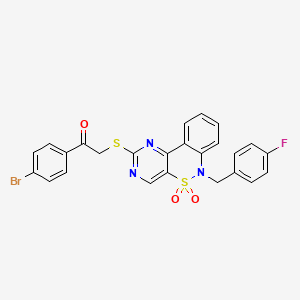 molecular formula C25H17BrFN3O3S2 B2599158 1-(4-bromophenyl)-2-{[6-(4-fluorobenzyl)-5,5-dioxido-6H-pyrimido[5,4-c][2,1]benzothiazin-2-yl]thio}ethanone CAS No. 899547-45-6