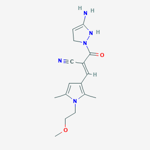 molecular formula C16H21N5O2 B2599162 (E)-2-(5-Amino-1,3-dihydropyrazole-2-carbonyl)-3-[1-(2-methoxyethyl)-2,5-dimethylpyrrol-3-yl]prop-2-enenitrile CAS No. 2173630-69-6