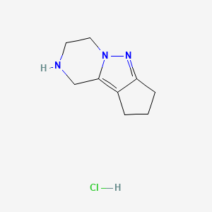 molecular formula C9H14ClN3 B2599168 7,8,11-三氮杂三环[6.4.0.02,6]十二-1,6-二烯；盐酸盐 CAS No. 2580211-50-1