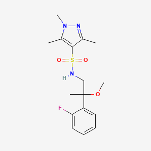 molecular formula C16H22FN3O3S B2599266 N-(2-(2-fluorophenyl)-2-methoxypropyl)-1,3,5-trimethyl-1H-pyrazole-4-sulfonamide CAS No. 1797716-27-8