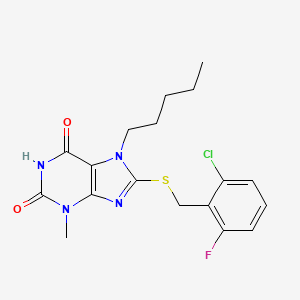 molecular formula C18H20ClFN4O2S B2599268 8-((2-chloro-6-fluorobenzyl)thio)-3-methyl-7-pentyl-1H-purine-2,6(3H,7H)-dione CAS No. 371217-94-6