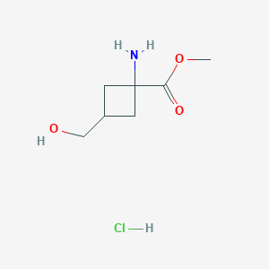 molecular formula C7H14ClNO3 B2599278 methyl 1-amino-3-(hydroxymethyl)cyclobutane-1-carboxylate hydrochloride, Mixture of diastereomers CAS No. 2413900-31-7