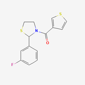 molecular formula C14H12FNOS2 B2599280 (2-(3-Fluorophenyl)thiazolidin-3-yl)(thiophen-3-yl)methanone CAS No. 2034243-01-9
