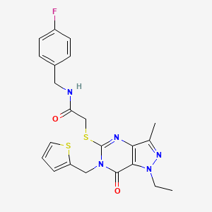 molecular formula C22H22FN5O2S2 B2599283 2-((1-ethyl-3-methyl-7-oxo-6-(thiophen-2-ylmethyl)-6,7-dihydro-1H-pyrazolo[4,3-d]pyrimidin-5-yl)thio)-N-(4-fluorobenzyl)acetamide CAS No. 1358711-24-6