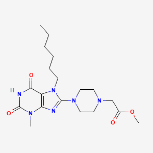 molecular formula C19H30N6O4 B2599302 methyl 2-(4-(7-hexyl-3-methyl-2,6-dioxo-2,3,6,7-tetrahydro-1H-purin-8-yl)piperazin-1-yl)acetate CAS No. 898408-65-6