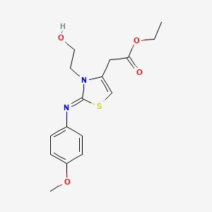 molecular formula C16H20N2O4S B2599319 Ethyl 2-[3-(2-hydroxyethyl)-2-(4-methoxyphenyl)imino-1,3-thiazol-4-yl]acetate CAS No. 517903-83-2