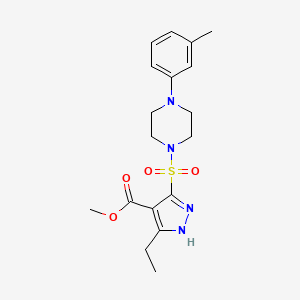 molecular formula C18H24N4O4S B2599332 methyl 3-ethyl-5-((4-(m-tolyl)piperazin-1-yl)sulfonyl)-1H-pyrazole-4-carboxylate CAS No. 1322747-49-8