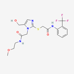 molecular formula C18H21F3N4O4S B2599335 2-((5-(羟甲基)-1-(2-((2-甲氧基乙基)氨基)-2-氧代乙基)-1H-咪唑-2-基)硫代)-N-(2-(三氟甲基)苯基)乙酰胺 CAS No. 921820-32-8