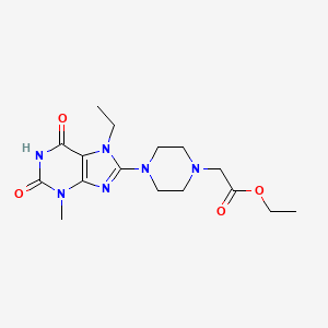 molecular formula C16H24N6O4 B2599337 乙酸2-(4-(7-乙基-3-甲基-2,6-二氧代-2,3,6,7-四氢-1H-嘌呤-8-基)哌嗪-1-基) CAS No. 898408-23-6