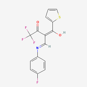 molecular formula C15H9F4NO2S B2599339 4,4,4-Trifluoro-2-[(4-fluoroanilino)methylidene]-1-(2-thienyl)butane-1,3-dione CAS No. 332055-70-6
