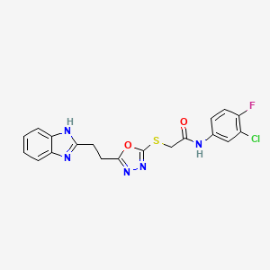 molecular formula C19H15ClFN5O2S B2599348 2-((5-(2-(1H-benzo[d]imidazol-2-yl)ethyl)-1,3,4-oxadiazol-2-yl)thio)-N-(3-chloro-4-fluorophenyl)acetamide CAS No. 1226446-26-9