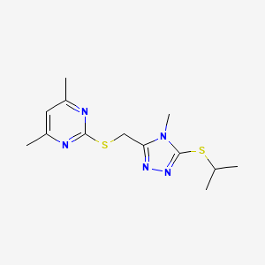 molecular formula C13H19N5S2 B2599369 4,6-Dimethyl-2-[(4-methyl-5-propan-2-ylsulfanyl-1,2,4-triazol-3-yl)methylsulfanyl]pyrimidine CAS No. 868221-97-0