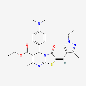 molecular formula C25H29N5O3S B2599370 (E)-ethyl 5-(4-(dimethylamino)phenyl)-2-((1-ethyl-3-methyl-1H-pyrazol-4-yl)methylene)-7-methyl-3-oxo-3,5-dihydro-2H-thiazolo[3,2-a]pyrimidine-6-carboxylate CAS No. 515849-42-0