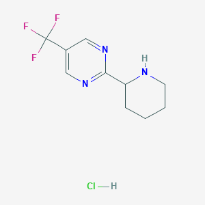 molecular formula C10H13ClF3N3 B2599397 2-哌啶-2-基-5-(三氟甲基)嘧啶；盐酸盐 CAS No. 2580222-94-0