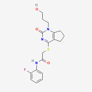 molecular formula C18H20FN3O3S B2599428 N-(2-fluorophenyl)-2-((1-(3-hydroxypropyl)-2-oxo-2,5,6,7-tetrahydro-1H-cyclopenta[d]pyrimidin-4-yl)thio)acetamide CAS No. 899743-14-7