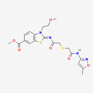 molecular formula C20H22N4O6S2 B2599435 (Z)-methyl 3-(2-methoxyethyl)-2-((2-((2-((5-methylisoxazol-3-yl)amino)-2-oxoethyl)thio)acetyl)imino)-2,3-dihydrobenzo[d]thiazole-6-carboxylate CAS No. 1164561-70-9