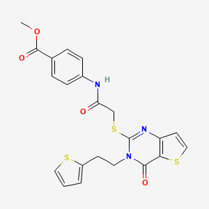 molecular formula C22H19N3O4S3 B2599438 Methyl 4-{[({4-oxo-3-[2-(thiophen-2-yl)ethyl]-3,4-dihydrothieno[3,2-d]pyrimidin-2-yl}sulfanyl)acetyl]amino}benzoate CAS No. 1260928-18-4