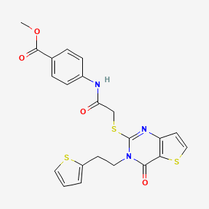 molecular formula C22H19N3O4S3 B2599438 methyl 4-[2-({4-oxo-3-[2-(thiophen-2-yl)ethyl]-3H,4H-thieno[3,2-d]pyrimidin-2-yl}sulfanyl)acetamido]benzoate CAS No. 1260928-18-4