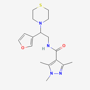 molecular formula C17H24N4O2S B2599470 N-(2-(呋喃-3-基)-2-硫代吗啉乙基)-1,3,5-三甲基-1H-吡唑-4-甲酰胺 CAS No. 2034573-44-7