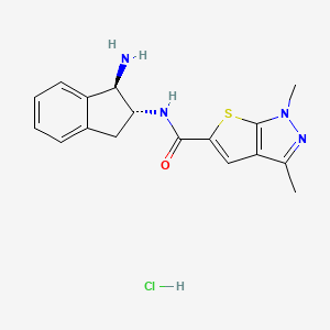 B2599493 N-[(1R,2R)-1-Amino-2,3-dihydro-1H-inden-2-yl]-1,3-dimethylthieno[2,3-c]pyrazole-5-carboxamide;hydrochloride CAS No. 2418595-69-2
