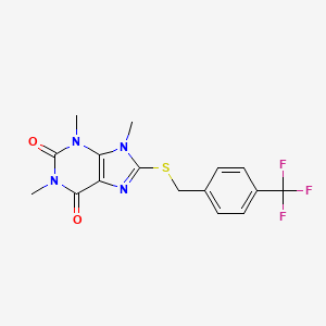 molecular formula C16H15F3N4O2S B2599542 1,3,9-三甲基-8-[[4-(三氟甲基)苯基]甲硫基]嘌呤-2,6-二酮 CAS No. 897453-61-1