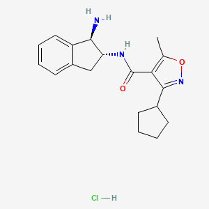 molecular formula C19H24ClN3O2 B2599543 N-[(1R,2R)-1-氨基-2,3-二氢-1H-茚-2-基]-3-环戊基-5-甲基-1,2-恶唑-4-甲酰胺;盐酸盐 CAS No. 2418596-33-3