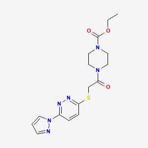 molecular formula C16H20N6O3S B2599547 ethyl 4-(2-((6-(1H-pyrazol-1-yl)pyridazin-3-yl)thio)acetyl)piperazine-1-carboxylate CAS No. 1351642-41-5