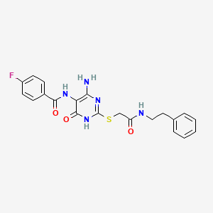 molecular formula C21H20FN5O3S B2599560 N-(4-amino-6-oxo-2-((2-oxo-2-(phenethylamino)ethyl)thio)-1,6-dihydropyrimidin-5-yl)-4-fluorobenzamide CAS No. 872597-13-2