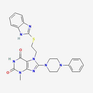 molecular formula C25H26N8O2S B2599561 7-(2-((1H-benzo[d]imidazol-2-yl)thio)ethyl)-3-methyl-8-(4-phenylpiperazin-1-yl)-1H-purine-2,6(3H,7H)-dione CAS No. 714245-03-1