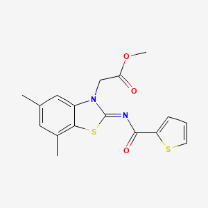 molecular formula C17H16N2O3S2 B2599575 Methyl 2-[5,7-dimethyl-2-(thiophene-2-carbonylimino)-1,3-benzothiazol-3-yl]acetate CAS No. 1321836-15-0